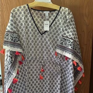 NWT J.Jill swimsuit cover up navy with orange and magenta tassels XL-3XL